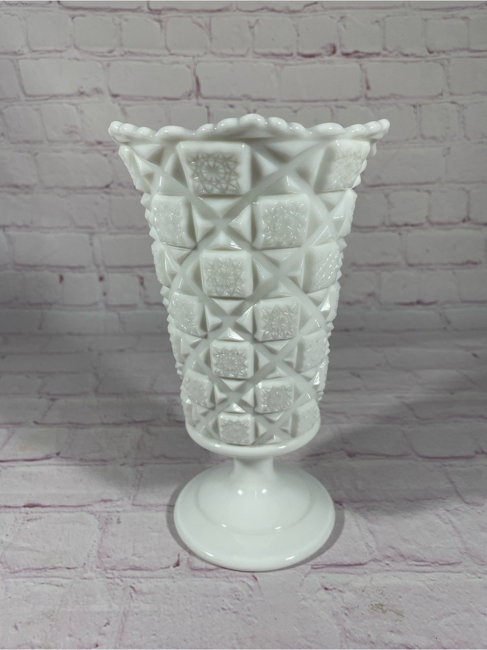 Vintage Westmoreland Old Quilt White Milk Glass Scalloped Rim Vase 9”